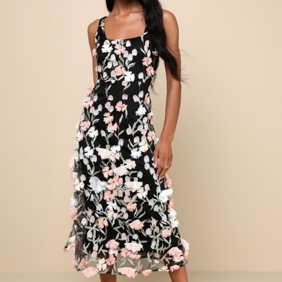 Lulus Elite Cutie Black Mesh 3d Floral Embroidered Midi Dress - Size M - Picture 1 of 1